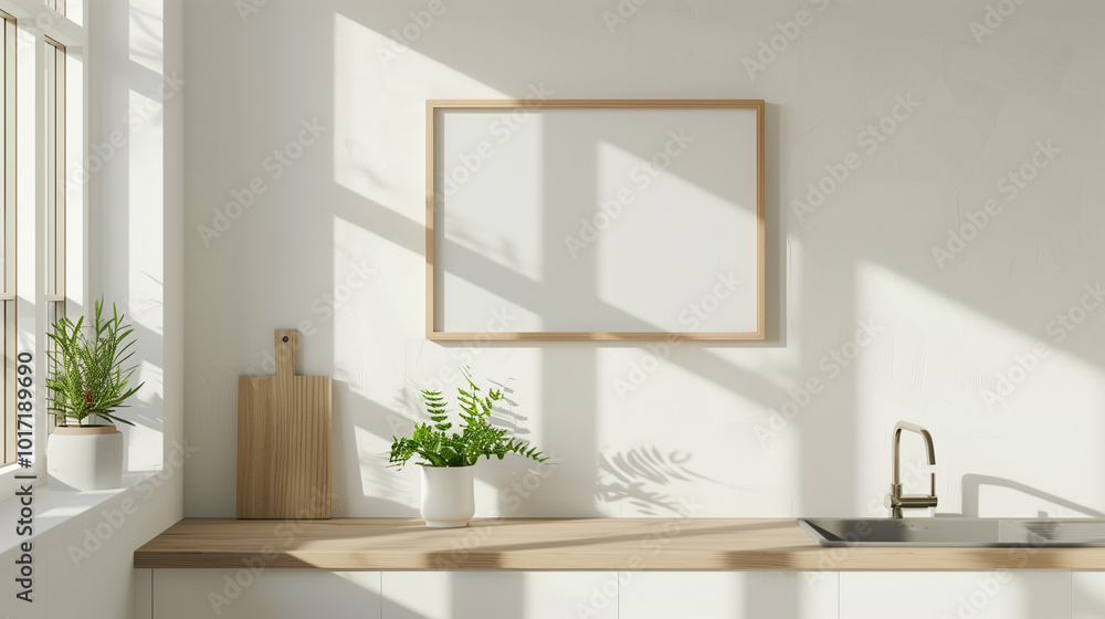 Light kitchen mock-up with a countertop holding plants and kitchen tools. A big frame on the wall ready for text, with window shadows on the wall. Light kitchen mock-up with a countertop holding plants and kitchen tools. A big frame on the wall ready for text, with window shadows on the wall.