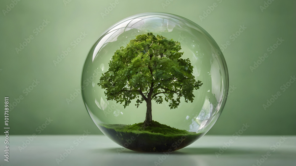 Un árbol verde creciendo en una burbuja. Concepto ecológico, cuidado ambiental, energía verde Un árbol verde creciendo en una burbuja. Concepto ecológico, cuidado ambiental, energía verde