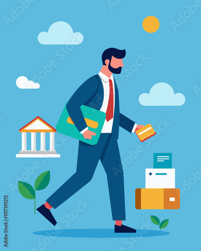 A man in a suit walks confidently into a bank armed with his credit score and research on current interest rates ready to negotiate a refinancing of his auto loan.. Vector illustration