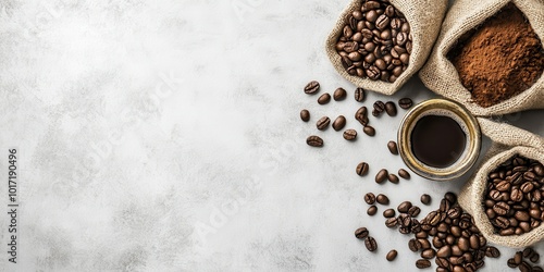 Coffee beans, ground coffee, and brewed coffee on a marble surface. photo