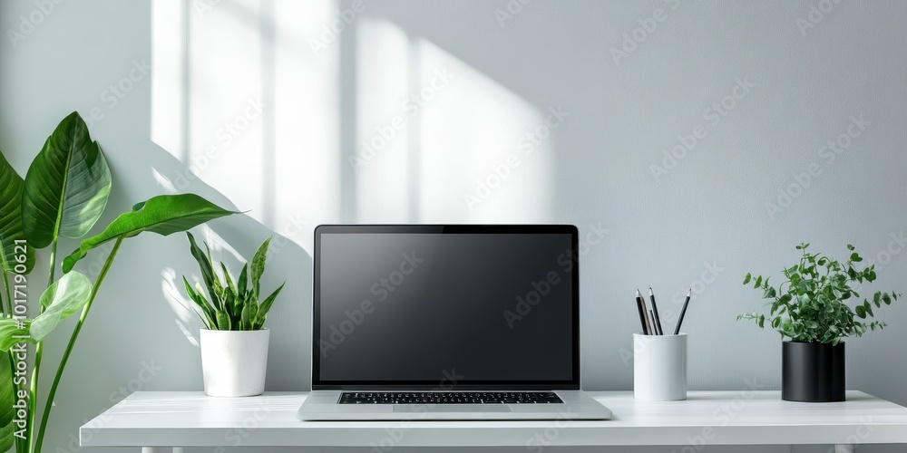 Modern workspace featuring a laptop, plants, and a stylish desk with natural lighting. Modern workspace featuring a laptop, plants, and a stylish desk with natural lighting.