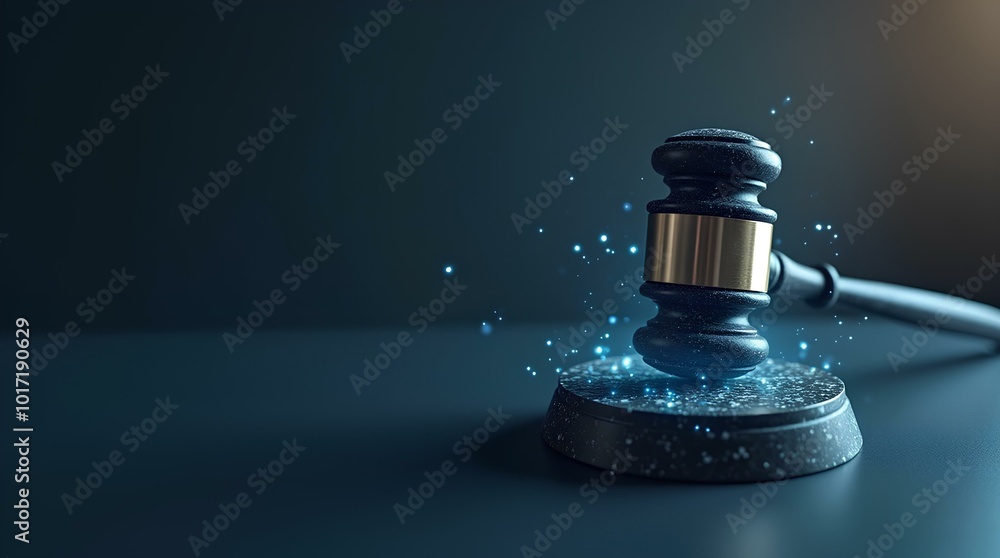 Digital Gavel Symbolizing Law and Technology, digital tribunal legal court authority judicial decision of innovation 3D art symbol of justice online concept Digital Gavel Symbolizing Law and Technology, digital tribunal legal court authority judicial decision of innovation 3D art symbol of justice online concept