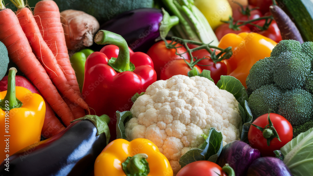 Variety of fresh vegetables, including bell peppers, carrots, cauliflower, broccoli, tomatoes, and eggplants, arranged in the foreground Variety of fresh vegetables, including bell peppers, carrots, cauliflower, broccoli, tomatoes, and eggplants, arranged in the foreground
