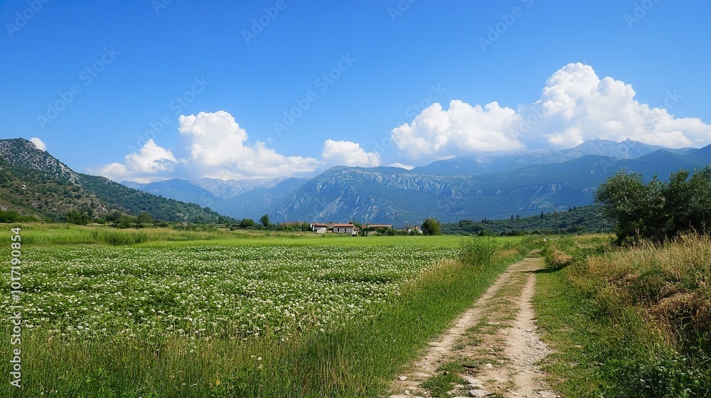Fototapeta premium Serene Landscape with Mountains and Farmhouse
