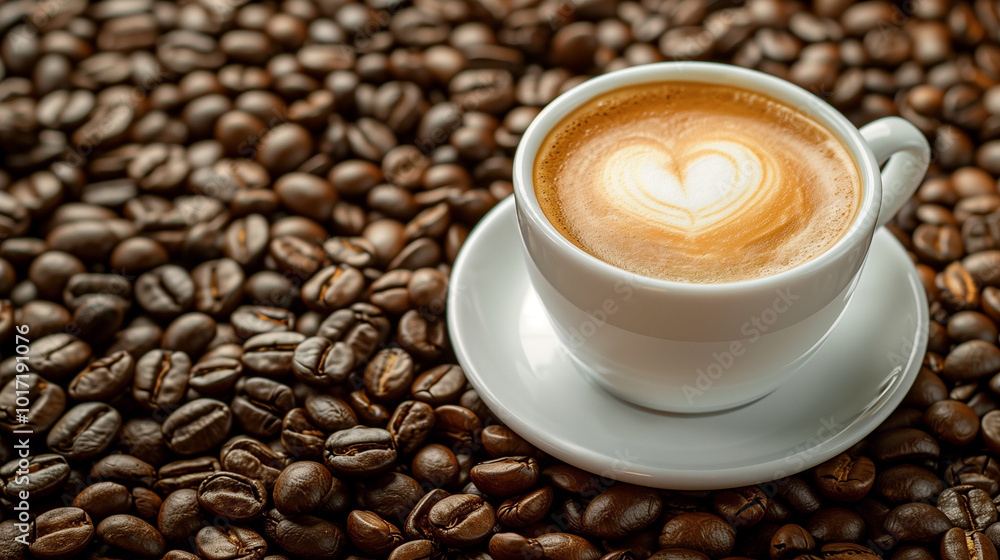 A coffee mug with fresh coffee beans in the background. Text space available. Top-down view. A coffee mug with fresh coffee beans in the background. Text space available. Top-down view.