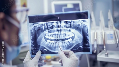 Dentist using a digital radiograph to diagnose a patient's dental issues