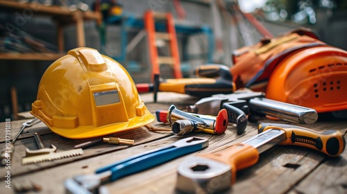 A repair team uses various tools and materials on-site, wearing safety helmets and working diligently to complete tasks. Generative AI photo