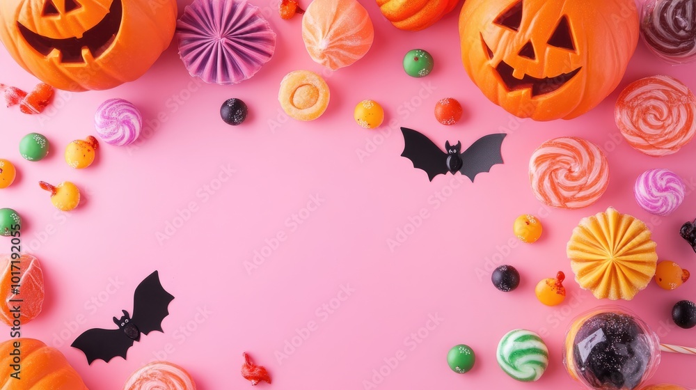 Halloween decorations and candies layout on pink background Halloween decorations and candies layout on pink background