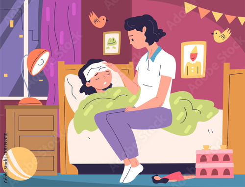 Mom with sick child. Mother help sickly kid fever under blanket, parent care unwell baby cold children childcare medicines flu illnesses home treatment classy vector illustration