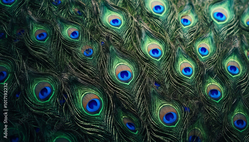 Fototapeta premium Close-Up of Vibrant Peacock Feathers in a Fan-Like Display