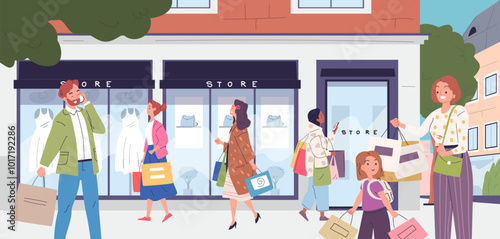 Fashion outlet. People walk outside trendy apparel boutique, mall shopping customer visit street clothing store with mannequin, consumer retail purchase classy vector illustration