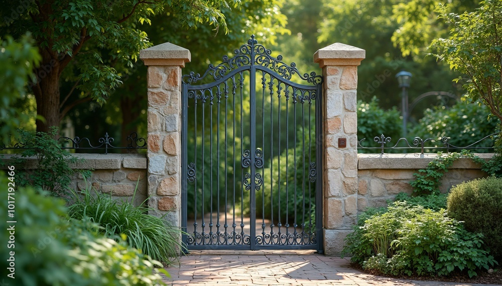Intricate Black Wrought Iron Garden Gate with Stone Pillars Intricate Black Wrought Iron Garden Gate with Stone Pillars