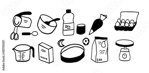Baking Doodle Set | Minimalist Two Color Black & White Vector Illustration