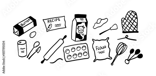 Baking Doodle Set | Minimalist Two Color Black & White Vector Illustration