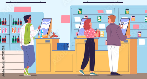 Self service cashier. Consumer people purchasing or pay goods in grocery supermarket self-service cash register counter, superstore self-checkout scanner classy vector illustration