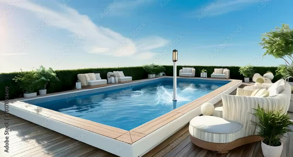 a sleek and contemporary above ground pool deck with a spacious rectangular pool surrounded by a wide, sun-kissed wooden deck featuring a subtle grain pattern. a sleek and contemporary above ground pool deck with a spacious rectangular pool surrounded by a wide, sun-kissed wooden deck featuring a subtle grain pattern.
