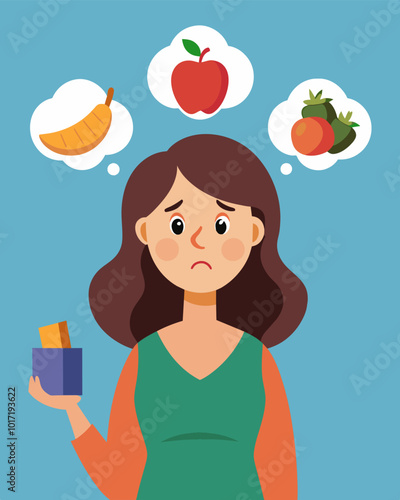 A mother bites her lip torn between wanting to buy healthy snacks for her children and the expensive price tags on organic options.. Vector illustration