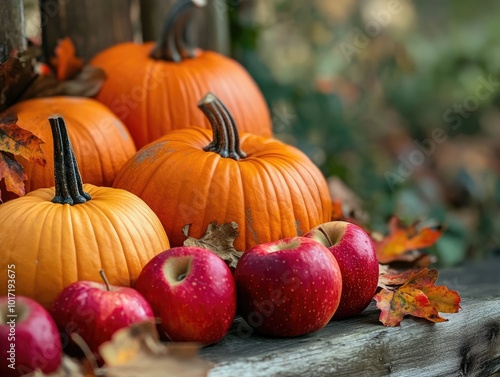 autumn harvest decorations with pumpkins and apples