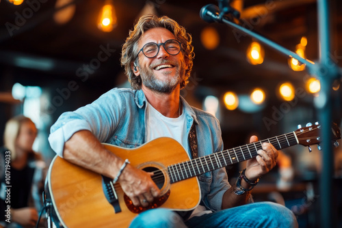 A contented man with glasses, beaming as he plays guitar, embodies musical passion and creativity in a lively, warmly lit café, exuding artistic vibrancy. photo