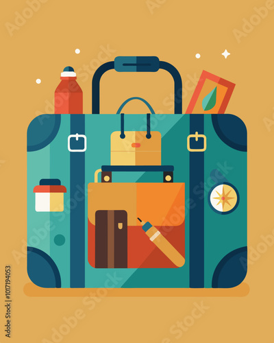 A minimalist travel bag with only the essentials for a trip avoiding excess luggage and fees.. Vector illustration