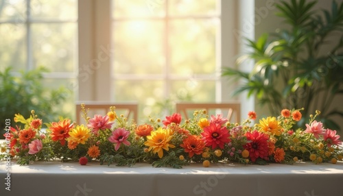 Wallpaper Mural Floral Table Garland of Pink and Yellow Flowers in Front of Window Torontodigital.ca