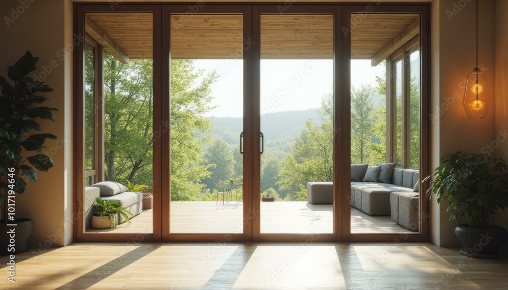 Fototapeta premium Stylish Modern Sliding Glass Door with Potted Plants in Interior