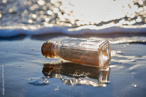 Handwritten letter message in glass on bottle washed up on sand beach with waves and ocean water in the background. 