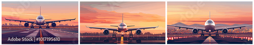 airplane on runway background. boeing taking off against city background. airport mountains sunset cityscape vector illustration