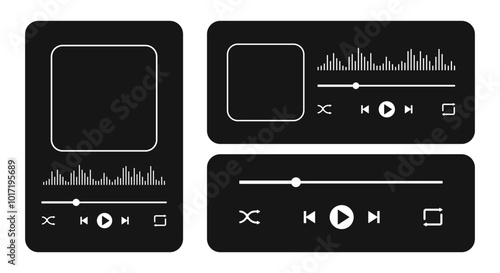 Music player interface with album cover frame, buttons, progress loading bar and sound wave. Playback menu widget templates isolated on white background. Vector graphic illustration.