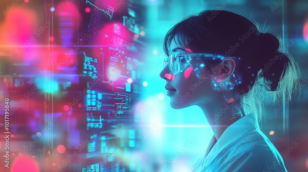 A woman in a lab coat is looking at a computer screen with a colorful background A woman in a lab coat is looking at a computer screen with a colorful background