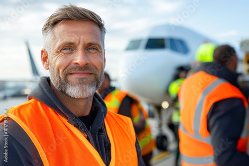 A confident airport worker in an orange vest smiles in front of an aircraft, symbolizing teamwork and efficiency in aviation operations on a sunny day. photo