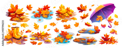 autumn rain element set. yellow leaves in puddle on asphalt, rubber boots purple umbrella leaf fall vector illustration