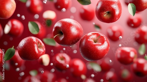 Fresh red apples float in the air, surrounded by green leaves, creating a lively and dynamic visual display on a vibrant backdrop.