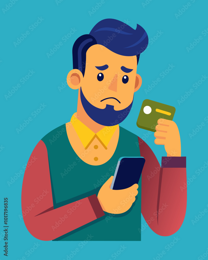 A man with a furrowed brow checking his bank account balance on his phone and realizing hes in overdraft.. Vector illustration A man with a furrowed brow checking his bank account balance on his phone and realizing hes in overdraft.. Vector illustration