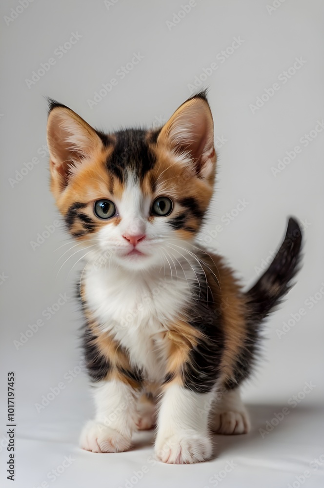 Calico kitten against white background Calico kitten against white background