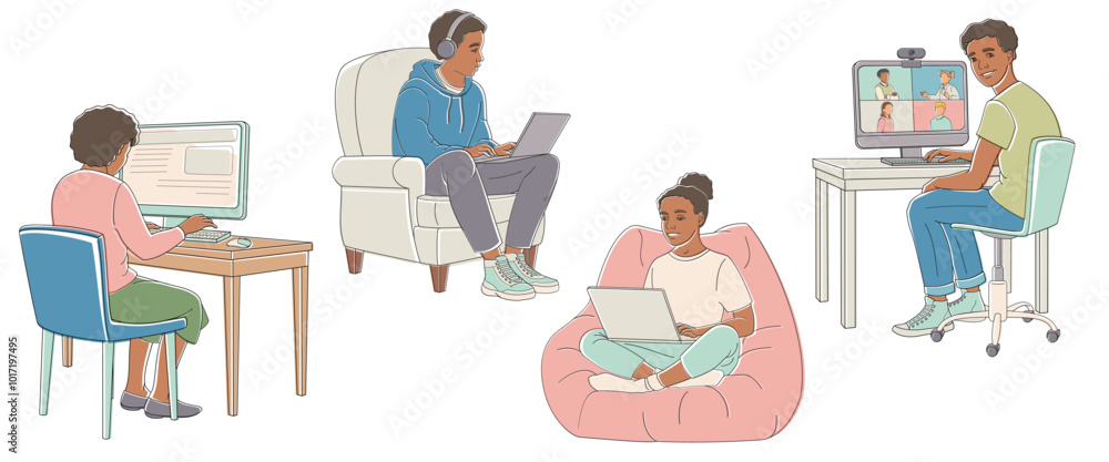 African American School-age boys and girls sitting at a computer and laptop at home African American School-age boys and girls sitting at a computer and laptop at home
