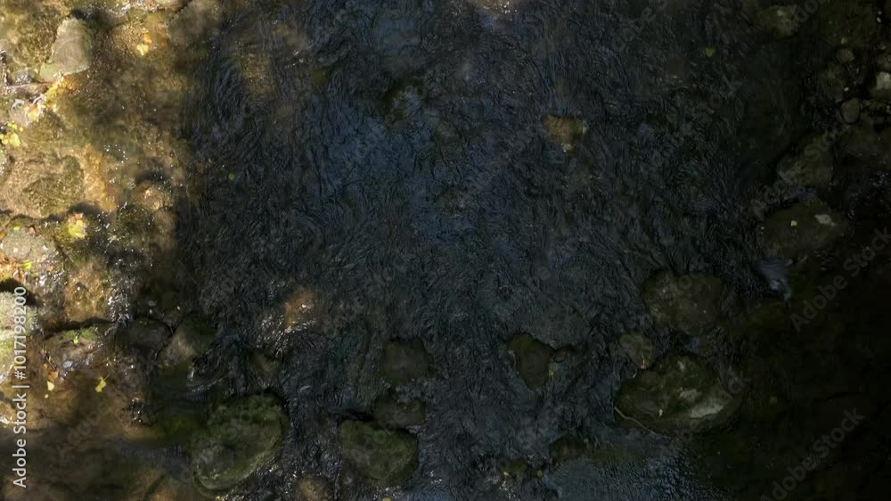 Water flows over the rocks of a stream in the tropical jungle. Aerial top down view Water flows over the rocks of a stream in the tropical jungle. Aerial top down view