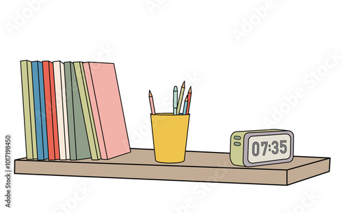 shelf with books and electronic clock photo