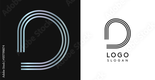 Minimalistic striped letter D, three lines monogram, shiny luxurious metallic gloss color logo for premium brand of jewels, fashion and beauty. Modern retro avant-garde identity. Vector illustration. photo