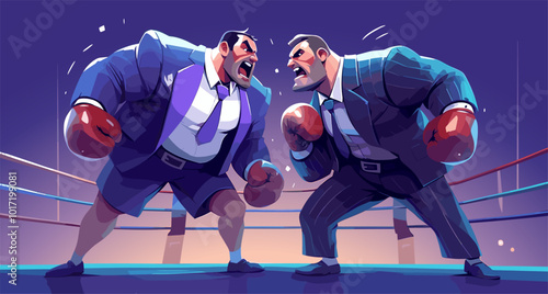 Businessmen boxing. Cartoon business conflict concept with two angry boxers in suits, tough negotiation vector illustration