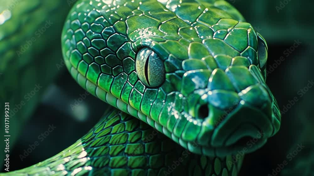 A green snake with bright yellow eyes stares intently into the camera A green snake with bright yellow eyes stares intently into the camera