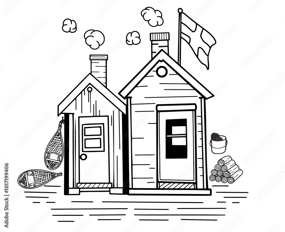 Fototapeta premium Cabin house/ station house with flag, firewood, and snow shoe