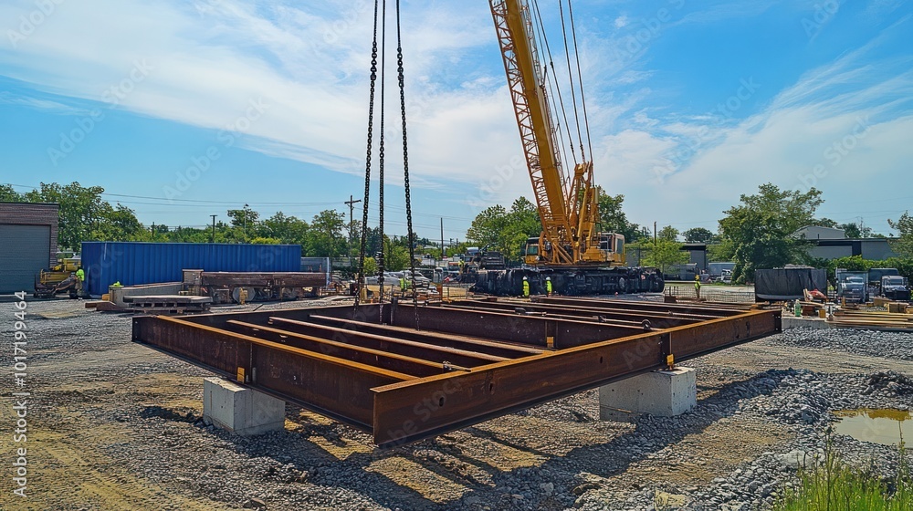 Construction Site with Crane Lifting Steel Beams Construction Site with Crane Lifting Steel Beams