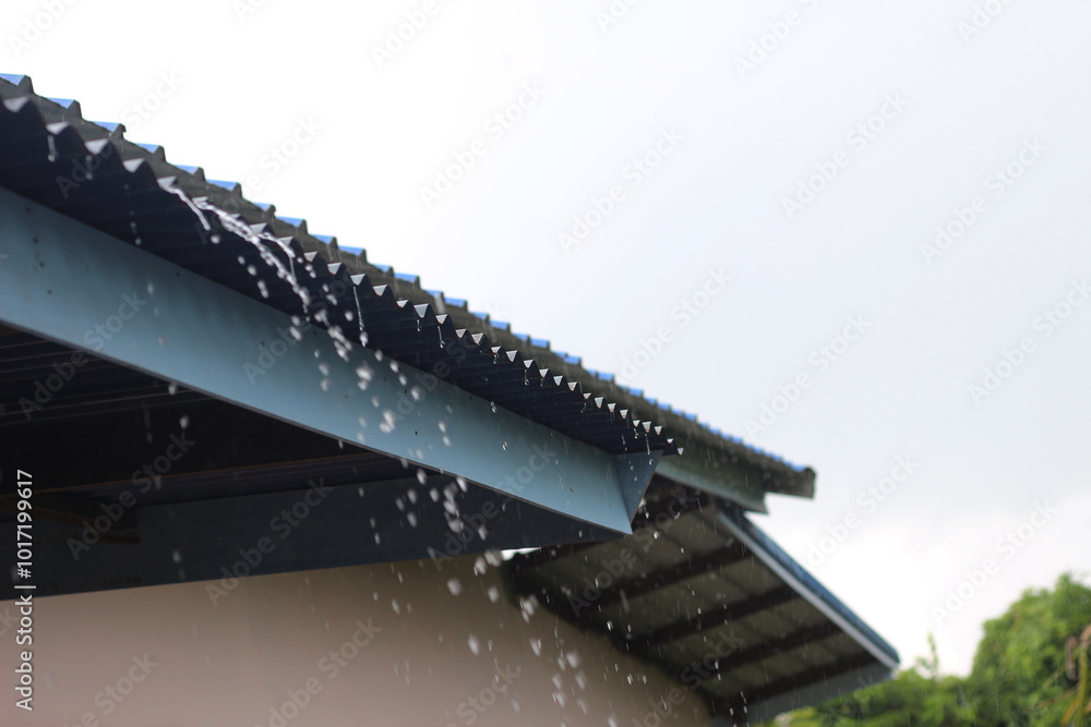 Obraz premium Falling rain from the roof on house.