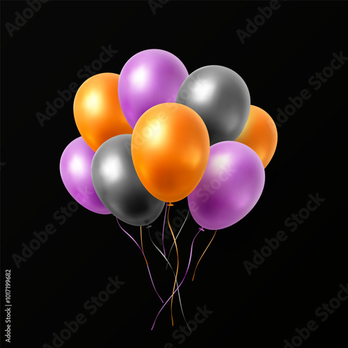Balloon bunch isolated on dark background. Vector realistic orange, violet and black festive 3d helium ballons template for halloween party design