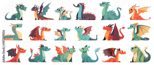 Cartoon dragons. Flat fantasy flying magic reptile, fairytale dino monster, mythology legend animal character set vector illustration