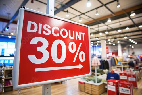 30% Discount Sign in a Clothing Store for Retail Sales Promotions, Seasonal Marketing Campaigns, and Black Friday Advertisements photo