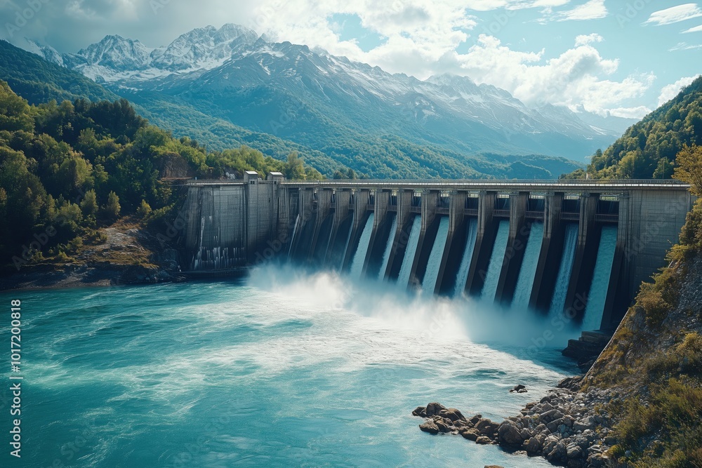 A large hydroelectric dam with water flowing and mountains in the background. A large hydroelectric dam with water flowing and mountains in the background.