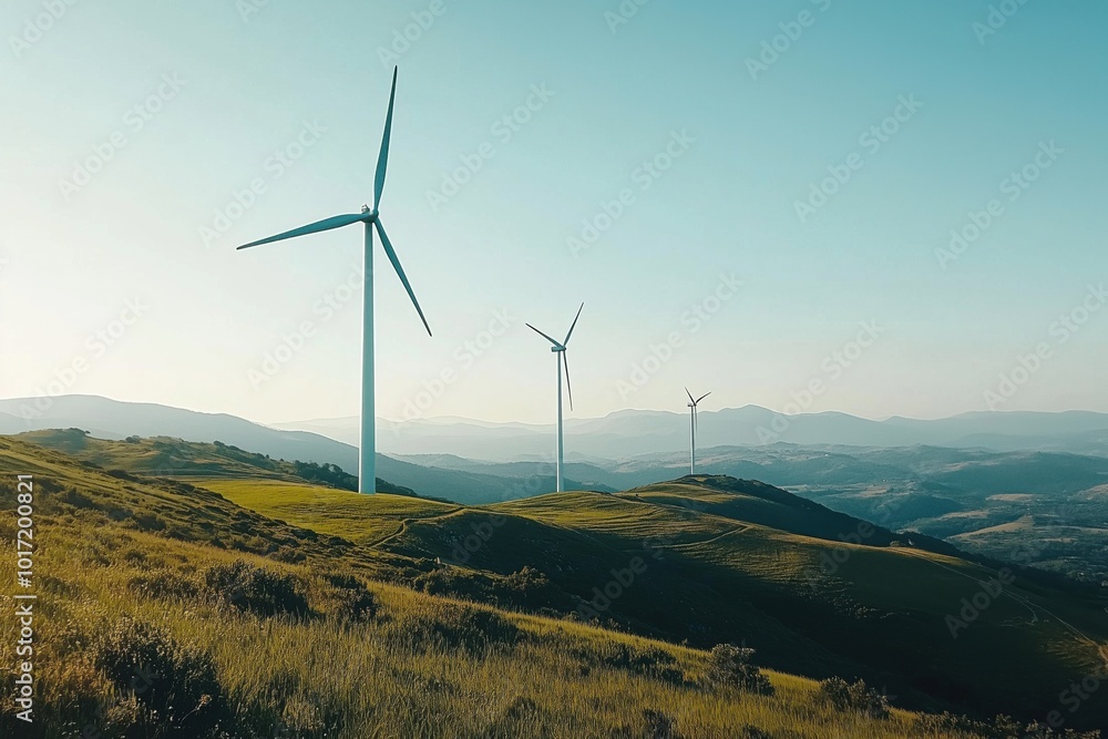 A scenic view of tall wind turbines standing on green hills under a clear blue sky. A scenic view of tall wind turbines standing on green hills under a clear blue sky.