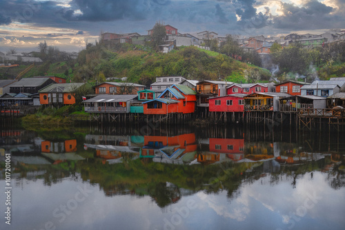 Traditional stilt houses know as palafitos in the city of Castro at Chiloe Island in Southern Chile photo